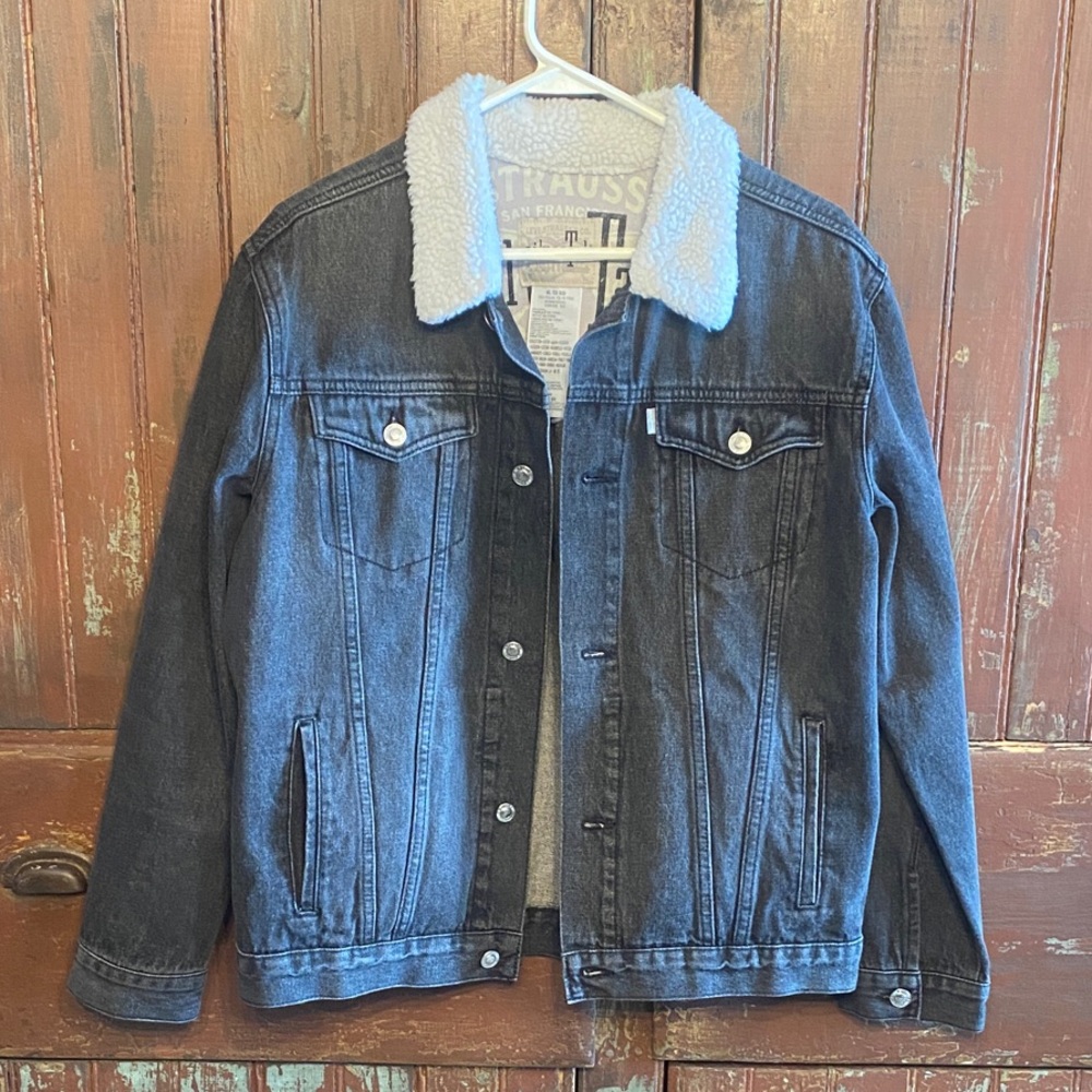 Levi's Kids Silvertab Black Denim Jacket with White Sherpa Collar